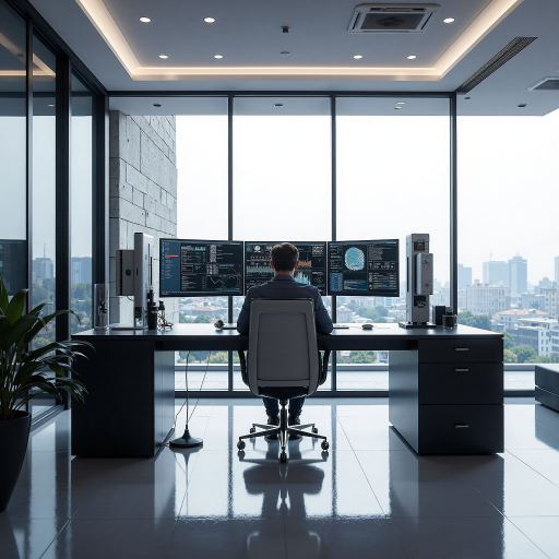 科技企业办公场景，现代化办公室内部，员工正在使用电脑工作，白色背景，现代简约风格